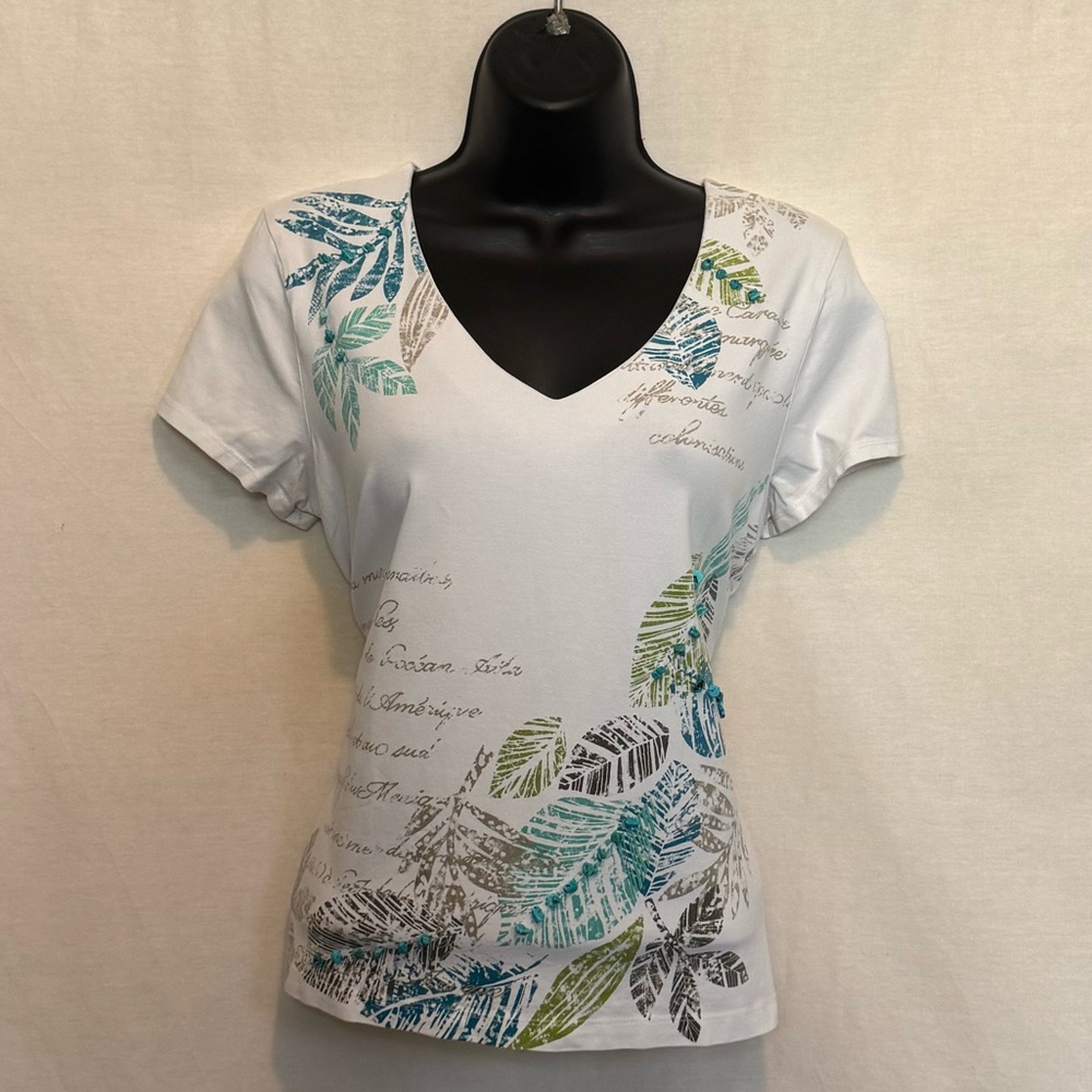 H-177 Ruby Rd. White Blue & Green Beaded Short Sleeve Pullover Blouse Size L